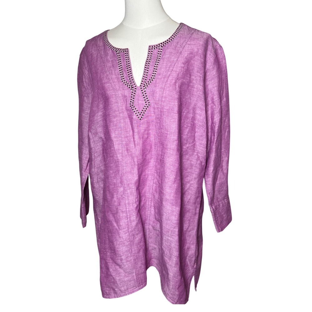 Eddie Bauer Purple Linen Blend Tunic Top‎ Embroidered Split Neck XL Tall
